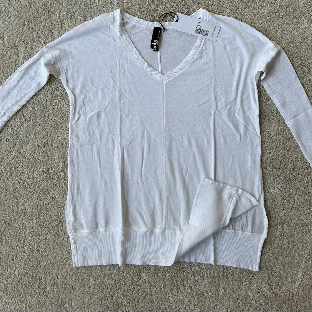 NWT Bobi v neck rib top white size XS S M L long sleeve
